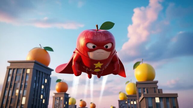 Animated apple superhero flying over city buildings with giant oranges and lemons against  Ai HD 4K video.	

