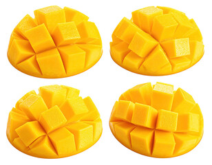 Four close-up views of diced mango