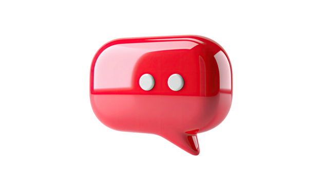 3D rendered, red speech bubble icon with two white eyes, floating against black