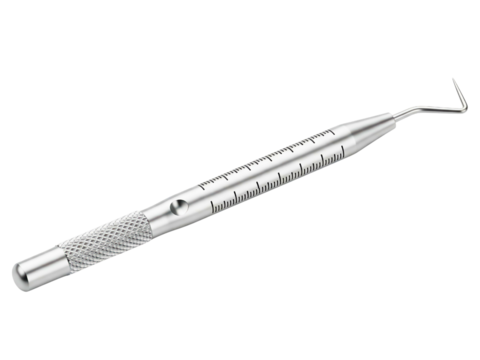 Stainless steel dental probe with measurement markings on a transparent background