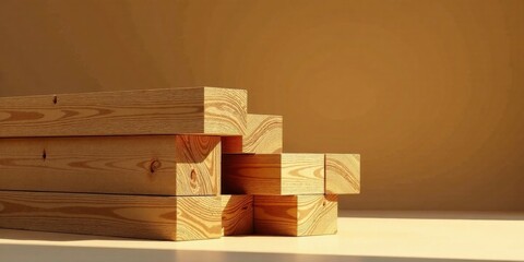 A Stack of Light Brown Wooden Blocks Arranged in an Abstract Composition Against a Warm Tan Background