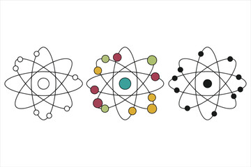 Vector art of atom illustration, showcasing the basic structure of matter with electrons orbiting the nucleus in various configurations and color schemes