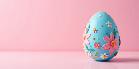 Pastel Blue Easter Egg Decorated with Delicate Floral Accents on a Pink Background