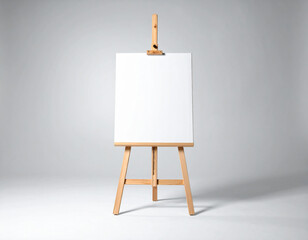 A minimalist setup featuring a classic wooden art easel holding a blank white canvas, ready for creative expression against a simple grey studio backdrop