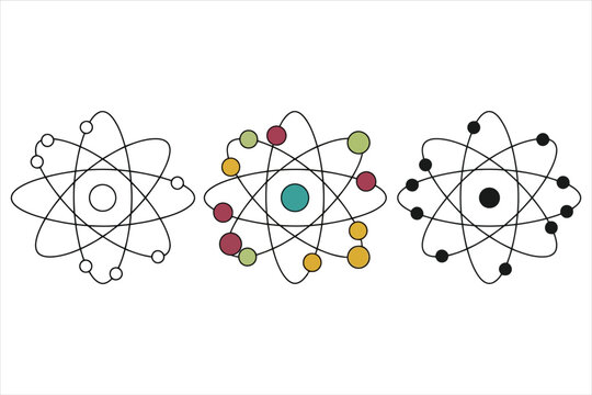 Vector art of atom illustration, showcasing the basic structure of matter with electrons orbiting the nucleus in various configurations and color schemes