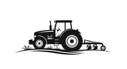Monochrome Vector Illustration of Tractor with Plough in the Field
