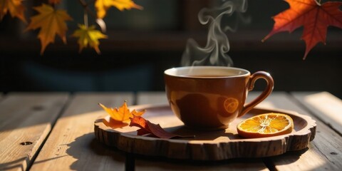 Warm Autumnal Beverage on Rustic Wooden Tray with Dried Citrus and Falling Leaves