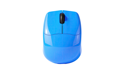 Glossy blue computer mouse with a black scroll wheel, isolated on a black background