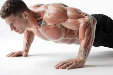 Anatomical illustration of man performing push up showing engaged chest arms and core muscles in bodyweight strength training on white background