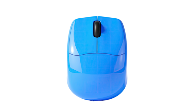 Glossy blue computer mouse with a black scroll wheel, isolated on a black background
