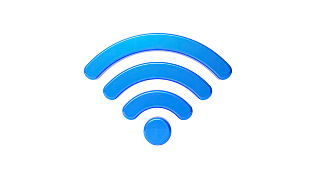 A glossy, blue signal symbol with radiating arcs, isolated against a black backdrop