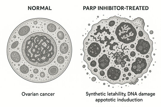 Microscopic view of normal ovarian cancer cells and PARP inhibitor-treated cancer cells, illustrating DNA damage and apoptosis.