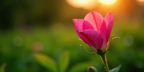 A Delicate Pink Blossom Silhouetted Against the Warm Glow of a Setting Sun, its Petals Softly Illuminated, a Gentle Breeze Caressing its Delicate Form