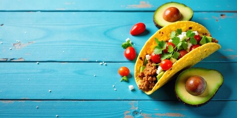 Savory Ground Beef Taco with Fresh Tomatoes, Avocado, and Cilantro on Rustic Blue Wood