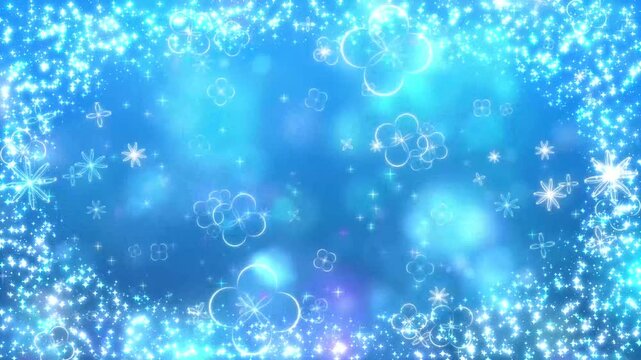 萌え萌えキラキラかわいい花柄パーティクルとキラキラフレーム背景動画：ブルーカラー