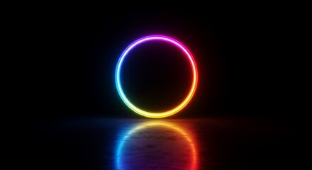 A glowing, iridescent ring stands on a dark Dual neon rings emit a seamless rainbow gradient, hovering above a glossy, reflective surface