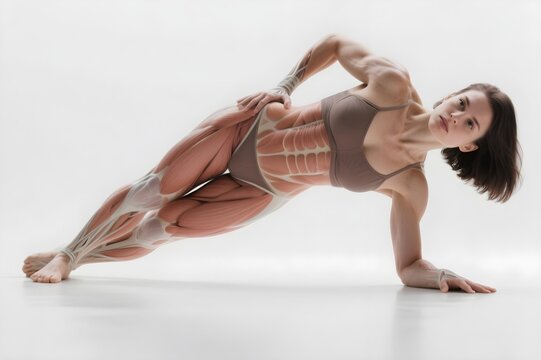 Athletic woman doing side plank with muscle anatomy overlay showing core strength balance and muscle engagement in fitness training on white background - Powered by Adobe