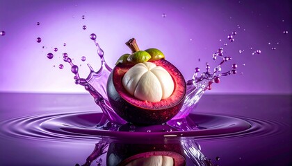 Fresh Mangosteen with Rich Extract Falling into Purple Splash