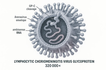 Microscopic view of Lymphocytic choriomeningitis virus glycoprotein, Arenavirus envelope and ambisense RNA, magnified 320,000 times