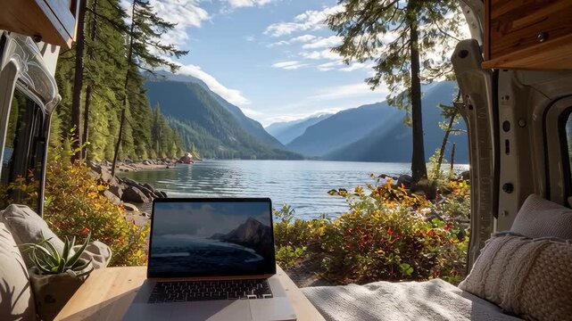 Open laptop on a small fold out desk inside a camper van, rear doors open to reveal a scenic lake view.