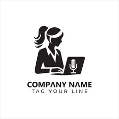 Silhouette of a woman in a suit using a laptop with a microphone icon.