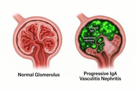 Microscopic view comparing a healthy glomerulus to one affected by IgA vasculitis nephritis, highlighting cellular changes and IgA deposits.