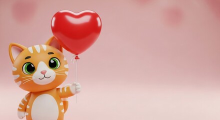 Fototapeta premium Cute orange cartoon cat character with large green eyes holding a red heart balloon against a soft pink background