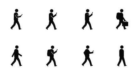 Simple black silhouettes depicting people walking with phones and bags