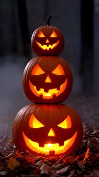 Stack of Three Illuminated Carved Pumpkins on Autumn Leaves