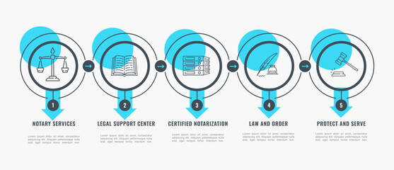 Notary infographics on legal services of lawyer firm, vector infochart diagrams. Notary infographics chart with legal support, certified notarization and attorney or advocate or law order legislation