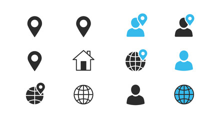 Collection of location user and world related glyph icons in white background