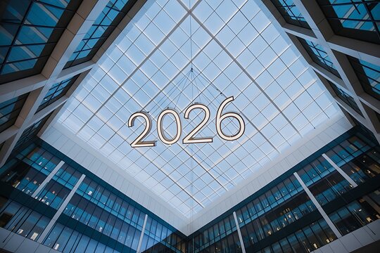 Looking up at the luminous '2026' sign in the modern atrium with geometric glass ceiling, creating a futuristic and hopeful atmosphere for the new year