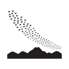 Obraz premium Vector art of silhouette of mountains with a flock of birds flying above, creating a dynamic and natural scene, simple and elegant