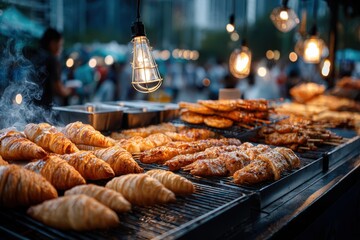 Grilled chicken and croissants at a night market