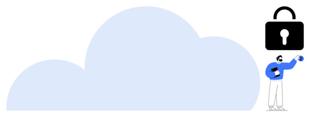 Cloud graphic with man holding key towards a large padlock symbolizing data security, privacy, and access control. Ideal for technology, cybersecurity, data protection, cloud computing, software