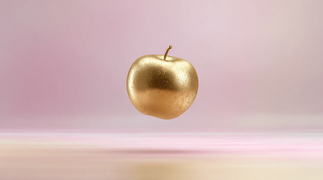 A golden apple floating in mid-air, pastel gradient background, minimalist surreal art