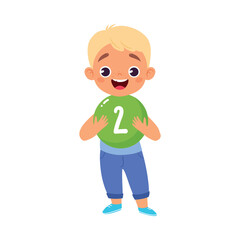 Boy Character Hold Two Number Learn Counting Vector Illustration