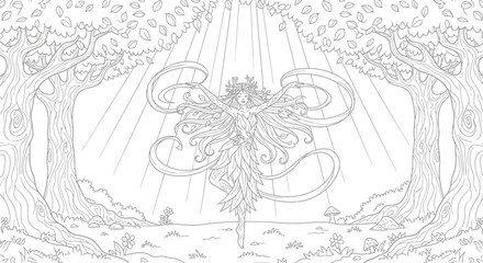 Obraz premium Graceful Dryad Dancing in a Sun-Dappled Forest Adult Fantasy Coloring Page