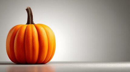 Vibrant orange pumpkin with textured skin and a sturdy stem, positioned on a reflective surface, showcasing autumnal beauty and seasonal charm in a minimalist setting