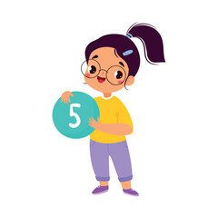 Girl Character Hold Five Number Learn Counting Vector Illustration
