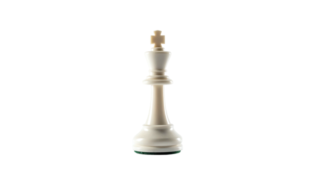 A pristine white chess king, isolated against a stark black background