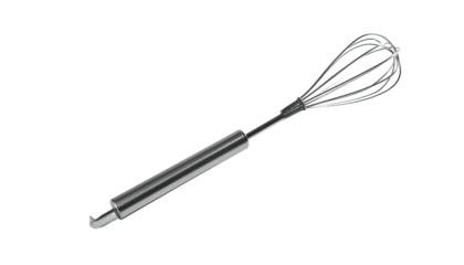 A stainless steel whisk, isolated on a black background, ready for cooking