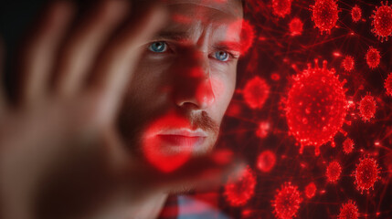 A man uses a red holographic display, illustrating cyber threats such as malware, breaches, viruses, and urgent security risks.