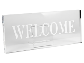 Clear acrylic desktop welcome sign for a reception desk on a transparent background