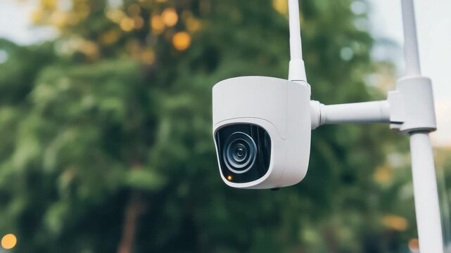 High-Resolution Security Camera Mounted on Pole with Blurred Green Background for Outdoor Surveillance Use 4k video footage