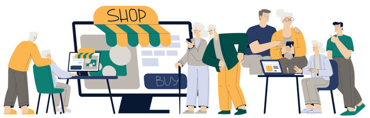 Old People Character Use Internet and Modern Gadget Vector Set