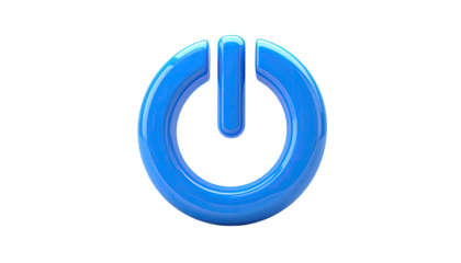 A glossy, electric blue power icon isolated against a stark, black background