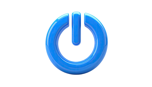 A glossy, electric blue power icon isolated against a stark, black background