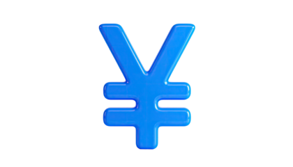3D render of a vibrant, blue, glossy yen symbol against a black background
