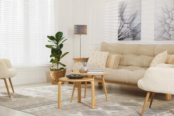 Stylish living room with lamp, houseplant and sofa. Interior design